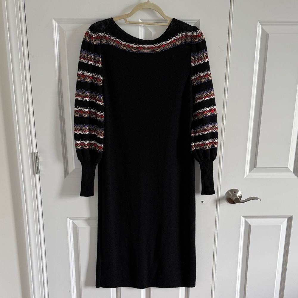 Vintage Milton Ford Patrice'le Black Knit Dress with Multicolor Sleeves Midi
